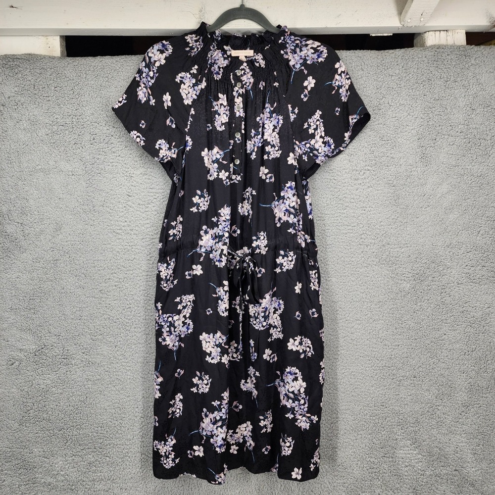 Rebecca Taylor Black‎ Floral Silk Viscose Midi Dress Sz 4 Short Sleeve Tie Waist